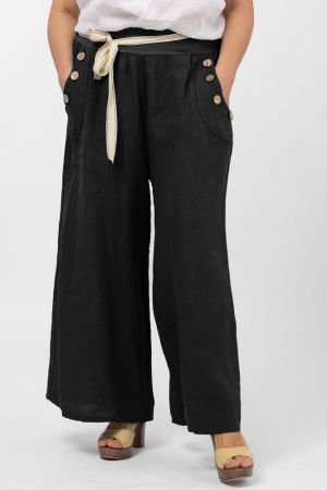 Pantaloni din In - Pantaloni largi de vara, din in, cu nasturi din lemn la buzunare, negri