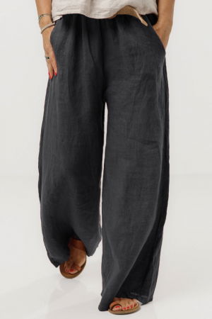 Pantaloni largi de vara, din in gri inchis cu croi lejer si curea din sfoara [3]