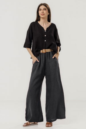 Pantaloni din In - Pantaloni largi de vara, din in gri inchis cu croi lejer si curea din sfoara