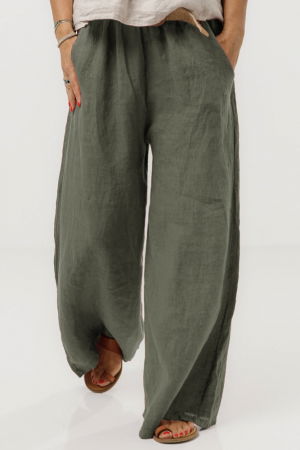 Pantaloni largi de vara, din in kaki cu croi lejer si curea din sfoara [3]
