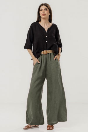 Pantaloni din In - Pantaloni largi de vara, din in kaki cu croi lejer si curea din sfoara