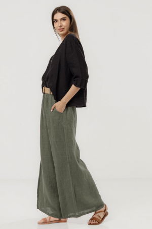 Pantaloni largi de vara, din in kaki cu croi lejer si curea din sfoara [1]