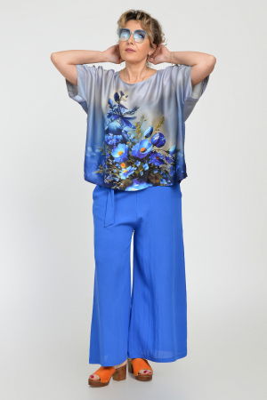 Pantaloni largi din vascoza si in, albastru electric [2]