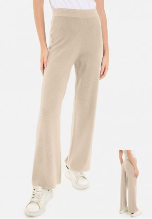 Pantaloni casual - Pantaloni largi si drepti, casual, din tricotaj fin, bej