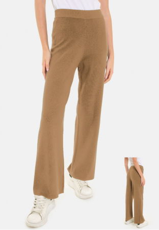 Pantaloni casual - Pantaloni largi si drepti, casual, din tricotaj fin, camel