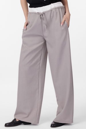 Pantaloni largi si drepti cu betelie din satin alb si snur, gri [3]