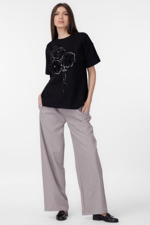 Pantaloni casual - Pantaloni largi si drepti cu betelie din satin alb si snur, gri