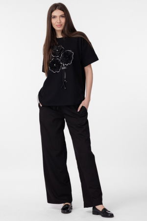 ÎMBRĂCĂMINTE - Pantaloni largi si drepti cu betelie din satin alb si snur, negri