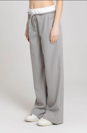 Pantaloni largi si drepti cu betelie din satin alb si snur, gri [4]