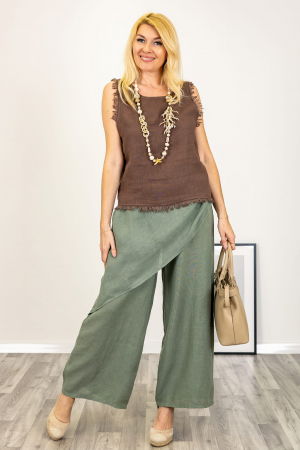 Pantaloni din In - Pantaloni lejeri din in cu croi petrecut, kaki