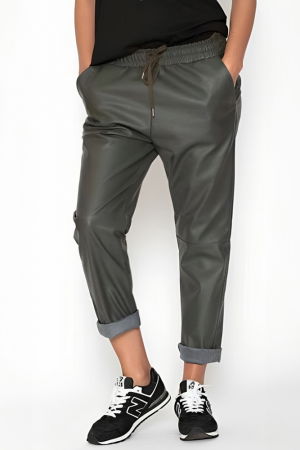 Pantaloni lungi kaki din piele ecologica cu snur in talie [7]