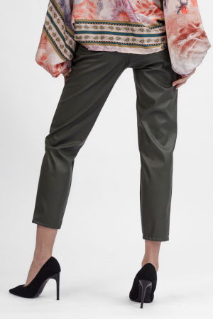 Pantaloni lungi kaki din piele ecologica cu snur in talie [2]