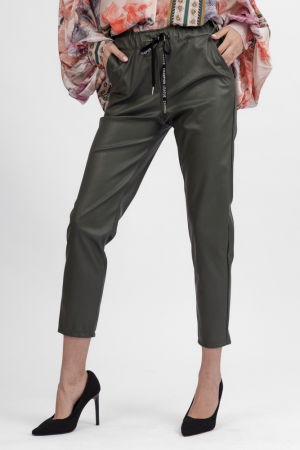 Pantaloni lungi kaki din piele ecologica cu snur in talie [1]