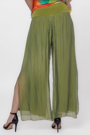Pantaloni verde olive din matase si vascoza, cu crapaturi laterale [1]