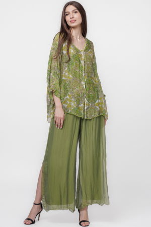 Pantaloni verde olive din matase si vascoza, cu crapaturi laterale [3]