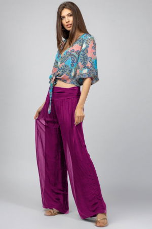 Pantaloni din Mătase si Vâscoză - Pantaloni mov zmeura din matase si vascoza,, tip salvari