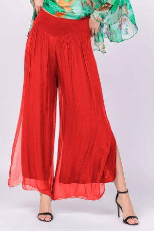 Pantaloni din Mătase si Vâscoză - Pantaloni rosii din matase si vascoza, cu crapaturi laterale