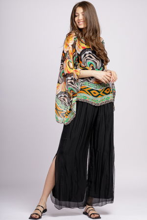 Pantaloni din Mătase si Vâscoză - Pantaloni negri din matase si vascoza, cu crapaturi laterale