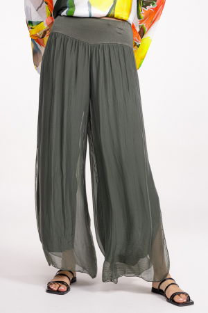 Pantaloni kaki din matase si vascoza, cu crapaturi laterale