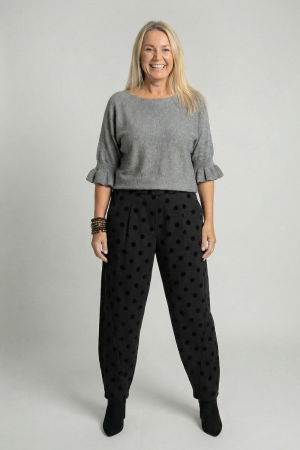 Office - Pantaloni negri lejeri cu imprimeu buline subtil emosate – croi relaxat, talie confortabila