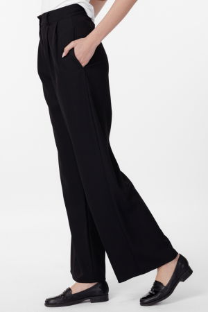 Pantaloni casual - Pantaloni negri, office, talie inalta cu pense , largi si drepti