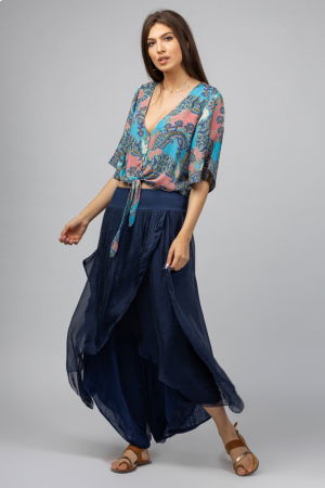 Pantaloni din Mătase si Vâscoză - Pantaloni petrecuti din matase si vascoza bleumarin, tip salvari