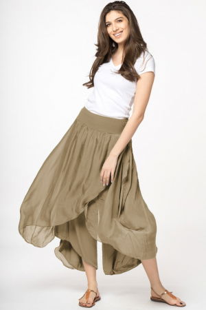 Pantaloni din Mătase si Vâscoză - Pantaloni petrecuti din matase si vascoza camel, tip salvari