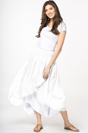 MĂSURI MARI - Pantaloni petrecuti din matase si vascoza alba, tip salvari