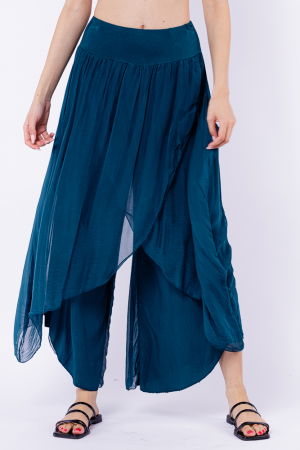 Pantaloni din Mătase si Vâscoză - Pantaloni petrecuti din matase si vascoza turcoaz inchis, tip salvari