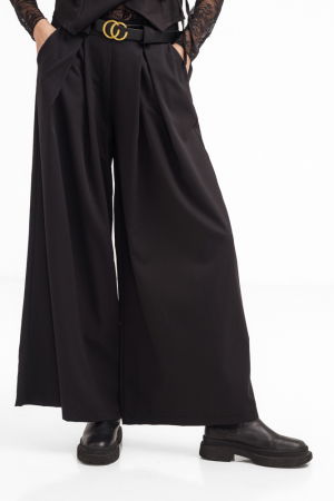Pantaloni casual - Pantaloni dama negri din stofa fina, palazzo, eleganti, cu talie inalta si curea