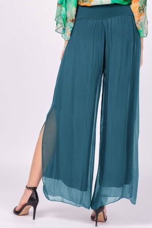 Pantaloni turcoaz inchis din matase si vascoza, cu crapaturi laterale [2]