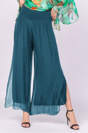 Pantaloni din Mătase si Vâscoză - Pantaloni turcoaz inchis din matase si vascoza, cu crapaturi laterale