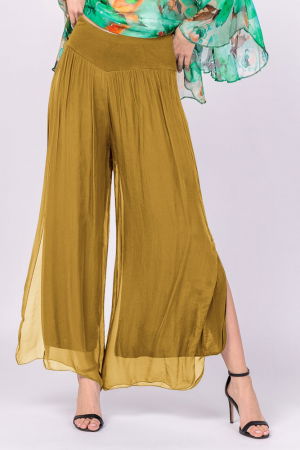 Pantaloni din Mătase si Vâscoză - Pantaloni mustar din matase si vascoza, cu crapaturi laterale