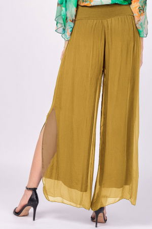 Pantaloni mustar din matase si vascoza, cu crapaturi laterale [2]