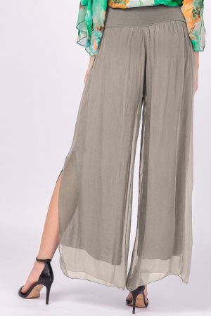 Pantaloni bej inchis din matase si vascoza, cu crapaturi laterale [2]