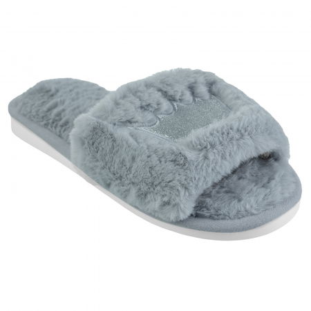 Papuci de Casă - Papuci de casa gri cu coronita argintie brodata