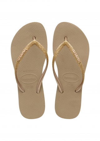 Papuci de Casă - Papuci Havaianas cu talpa groasa din cauciuc natural,  bej cu glitter