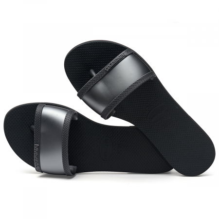 Papuci de Casă - Papuci Havaianas slim din cauciuc natural cu banda gri si negru