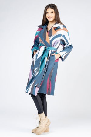 Pardesiu lung cu revere si imprimeu geometric turcoaz-bordo [2]