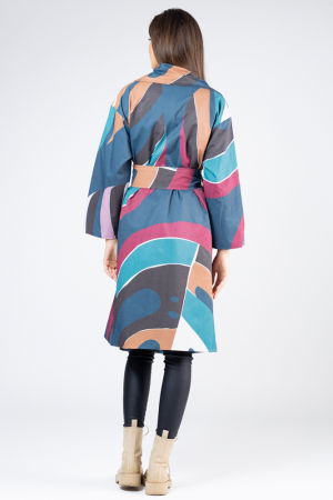 Pardesiu lung cu revere si imprimeu geometric turcoaz-bordo [4]