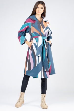 ÎMBRĂCĂMINTE - Pardesiu lung cu revere si imprimeu geometric turcoaz-bordo