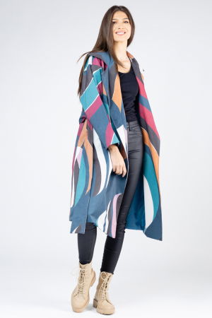 Pardesiu lung cu revere si imprimeu geometric turcoaz-bordo [3]