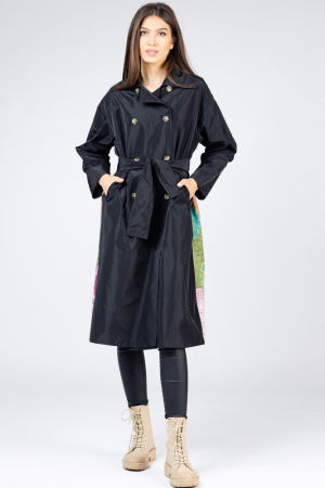 Pardesiu lung din fas negru si imprimeu cu mandale pe spate