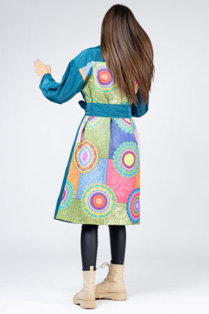 Pardesiu lung din fas turcoaz si imprimeu cu mandale pe spate [1]