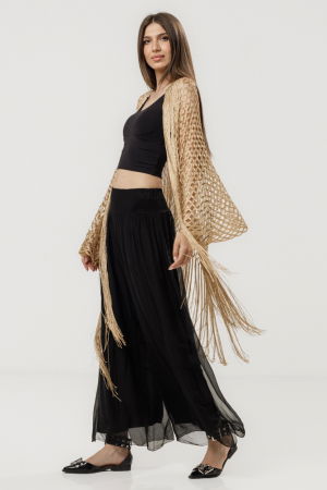 Poncho bej din plasa cu fir auriu si franjuri lungi [2]