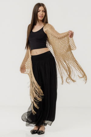 Poncho bej din plasa cu fir auriu si franjuri lungi [5]