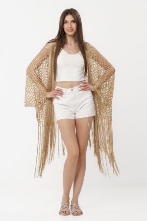 Poncho bej din plasa cu fir argintiu si franjuri lungi [6]