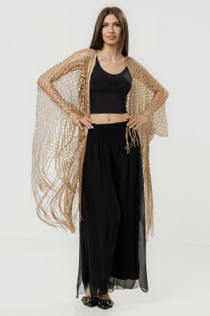 Poncho bej din plasa cu fir argintiu si franjuri lungi [1]