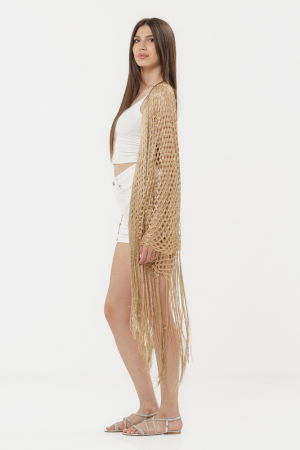 Poncho bej din plasa cu fir auriu si franjuri lungi [7]