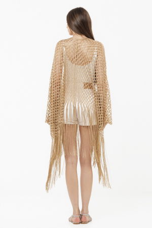 Poncho bej din plasa cu fir auriu si franjuri lungi [8]
